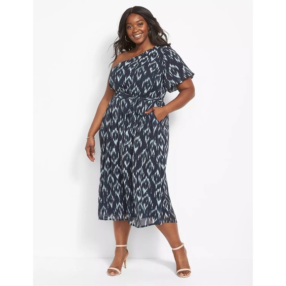 Lane Bryant Dresses & Skirts - NEW Lane Bryant 18 Plus Size One-Shoulder Bubble-Sleeve Midi Dress Blue Ikat